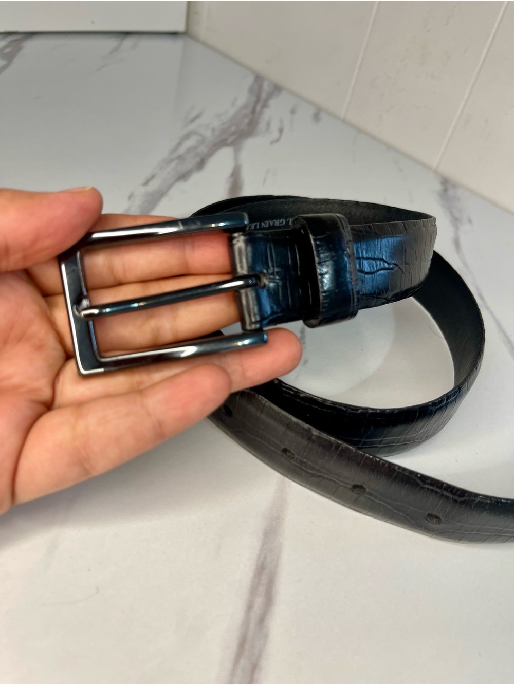 Black Croc-Embossed Leather Belt with Polished Black Buckle